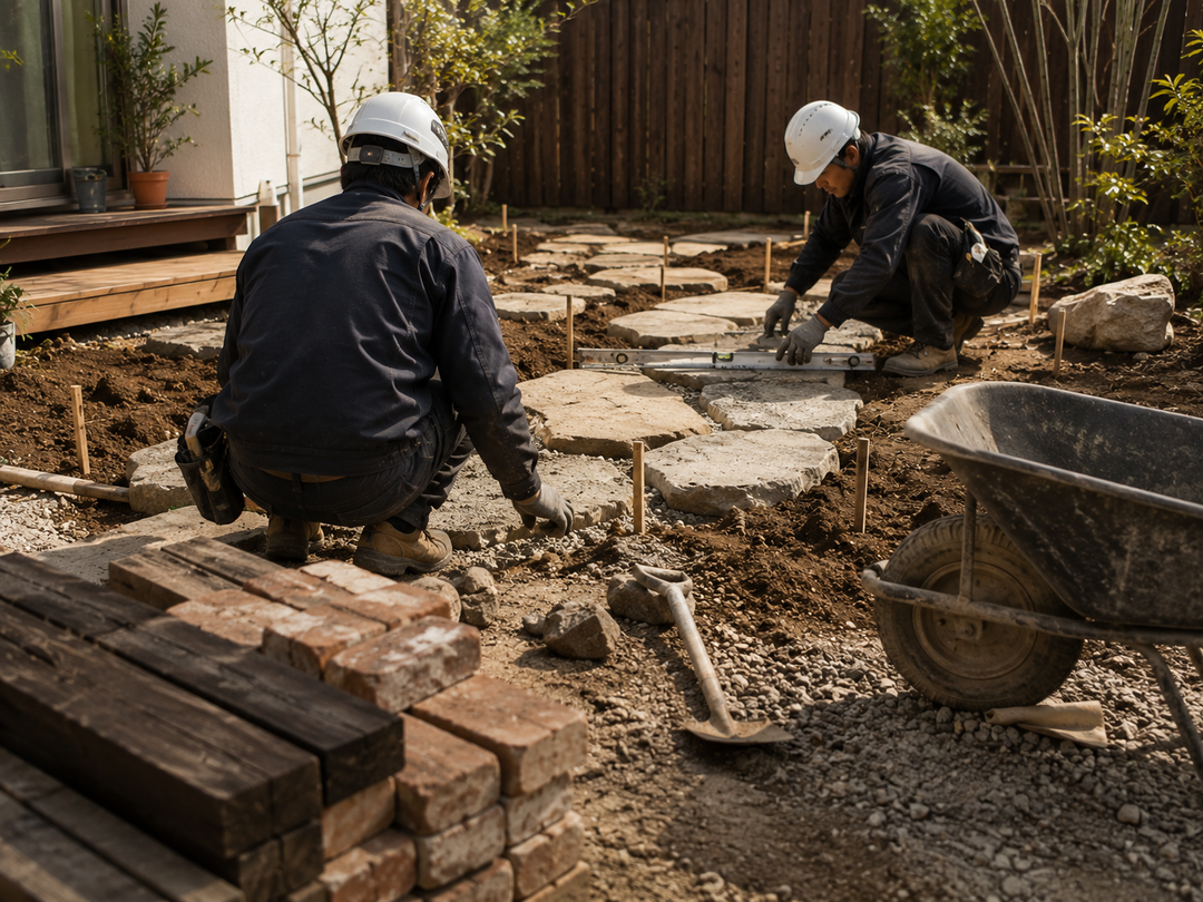 自然石を据え付ける造園工事の作業風景