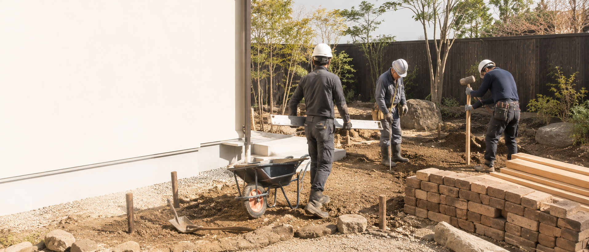 造園工事の現場で作業する職人