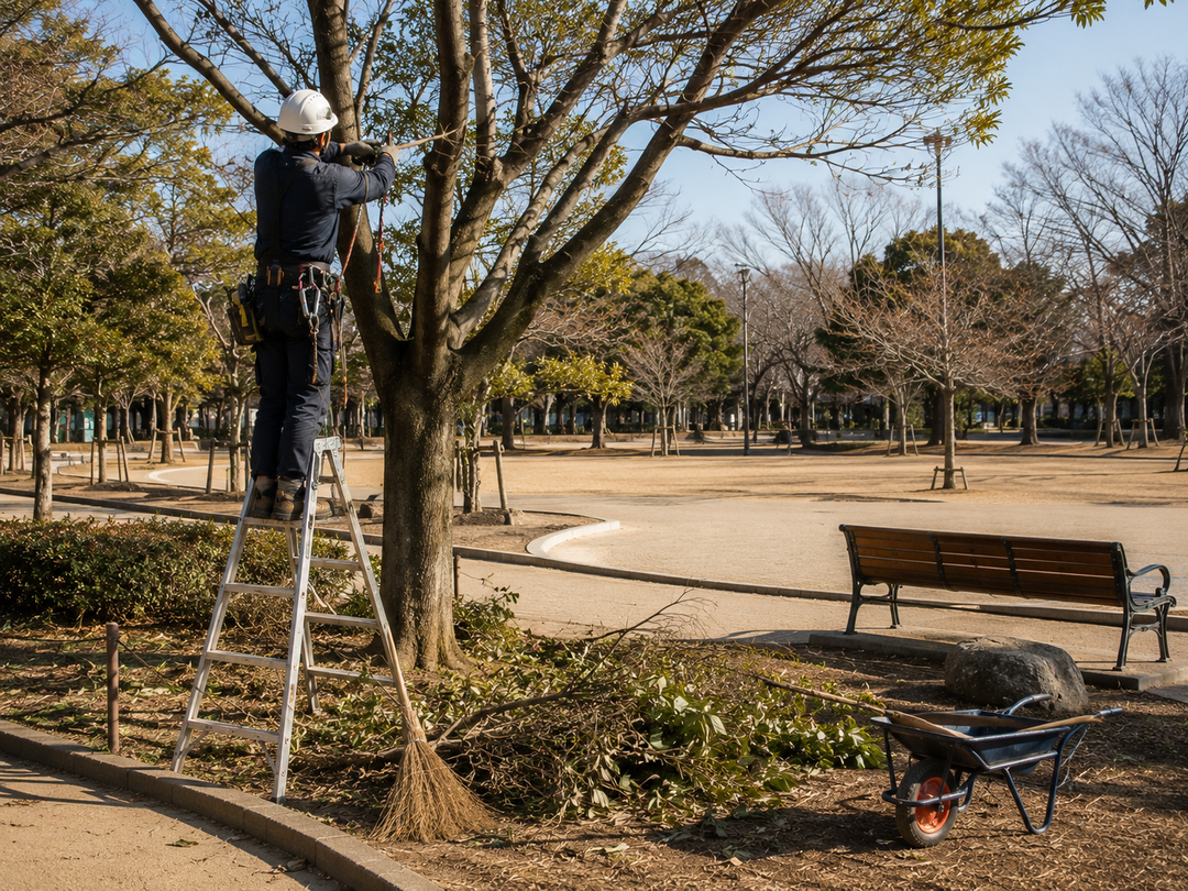 都市公園で高木の剪定を行う職人