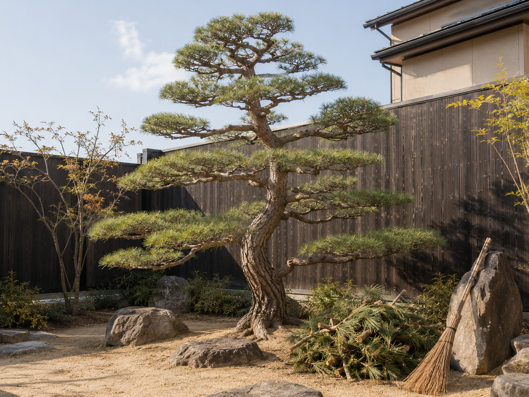 剪定を終えた住宅の庭のマツ